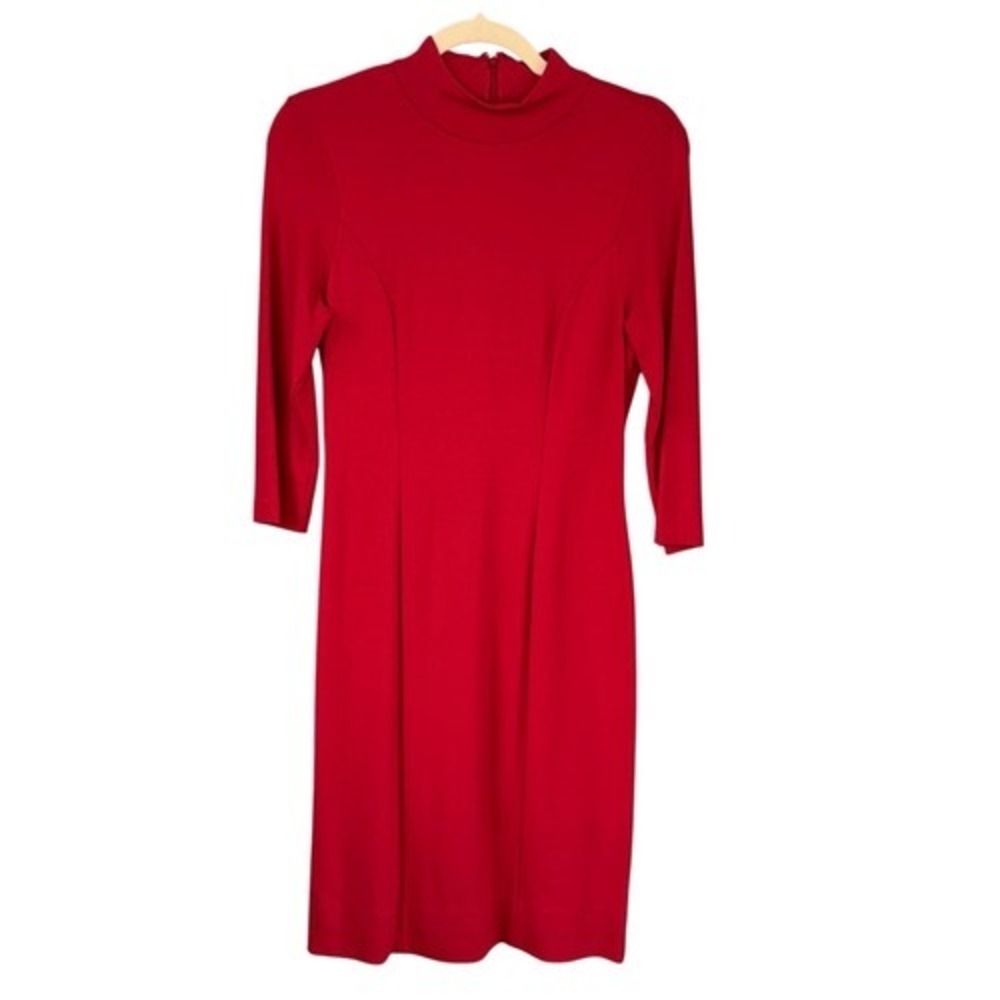 B8 90S Vintage Talbots Red Mock Neck 3/4 Sleeve Sheath Dress Size 4